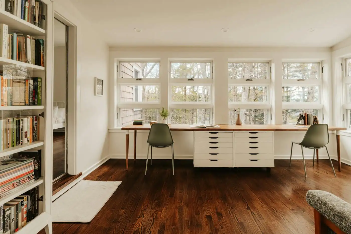 Built-in study desk and shelving by the window